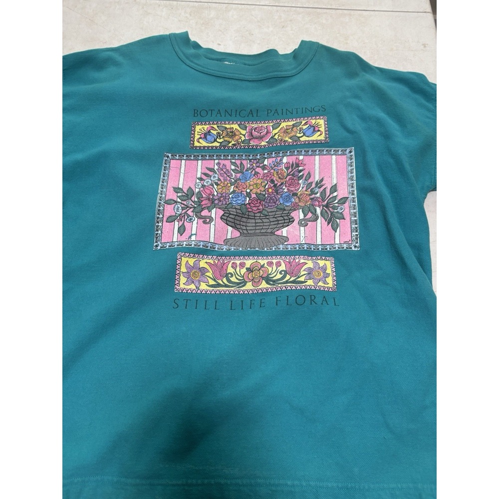 Vtg 90s Streetwear Womens S Distressed Still Life Floral Teal Sweatshirt USA